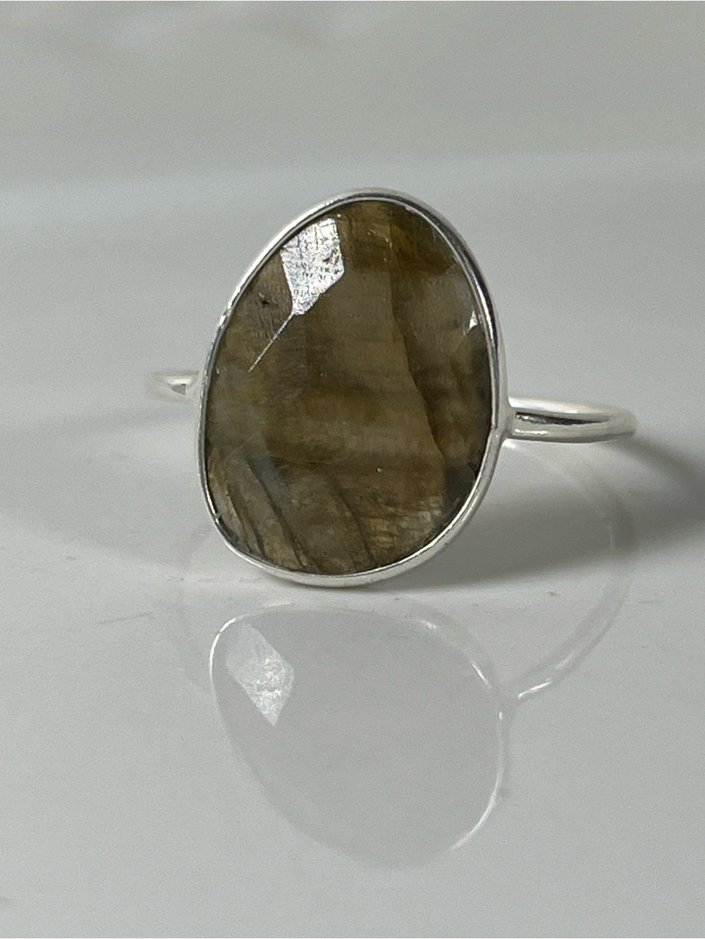 Solid Sterling Silver 925 Labradorite Gemstone Flat Stacker Ring Size 8.75